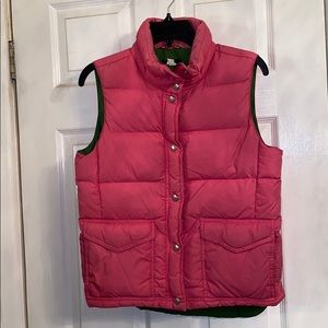 J Crew- hot pink puffer vest green lining